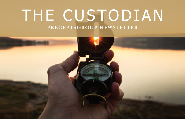 A hand holding a compass in front of a sunset over a body of water, with text overlay reading "The Custodian, PreceptsGroup Newsletter.