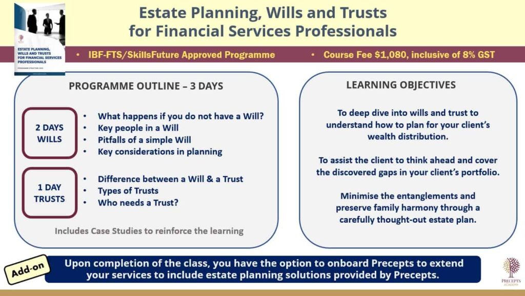A flyer for a 3-day Estate Planning, Wills, and Trusts course for financial services professionals. It includes a program outline, learning objectives, and an add-on service by Precepts.