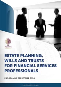 Cover of a brochure titled "Estate Planning, Wills and Trusts for Financial Services Professionals" by Precepts Academy. The subtitle reads "Programme Structure 2024." Silhouettes of three people in the background.