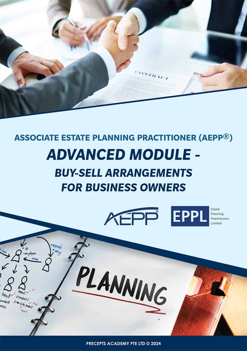 Cover of a pamphlet titled "Advanced Module - Buy-Sell Arrangements for Business Owners" by Associate Estate Planning Practitioner (AEPP) with logos of AEPP and Estate Planning Practitioners Limited (EPPL).
