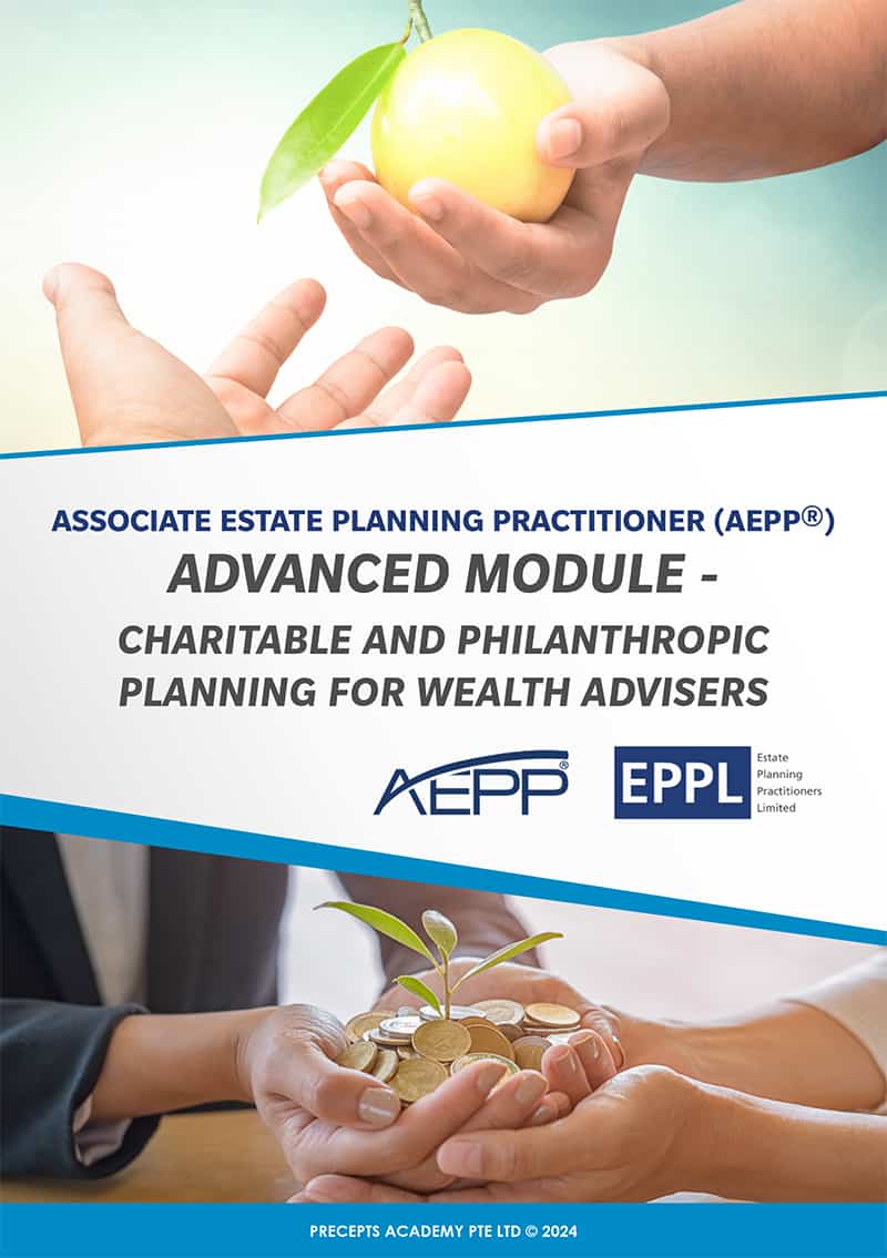 Cover of a course module titled "Advanced Module - Charitable and Philanthropic Planning for Wealth Advisers" by AEPP and EPPL, featuring images of a hand holding a green apple and another holding a plant sprouting from coins.