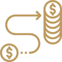 A small dollar sign symbol is connected by a curved line to a stack of coins, each marked with a dollar sign.