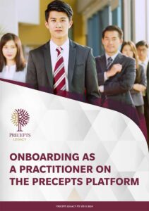 A group of professionals in business attire stand in a row, with text reading "Onboarding as a Practitioner on the Precepts Platform" and "Precepts Legacy Pte Ltd © 2024.