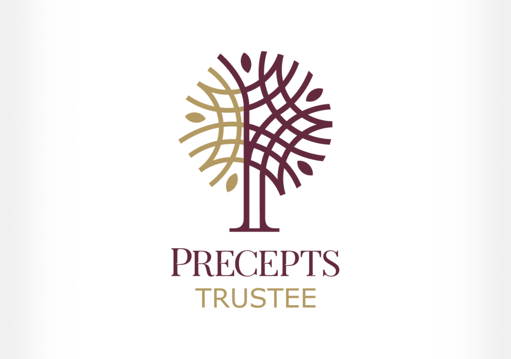 Logo of Precepts Trustee featuring a stylized tree with gold and burgundy-colored branches and text "PRECEPTS TRUSTEE" below it.