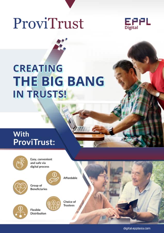 A ProviTrust advertisement features a couple using a laptop, highlighting benefits of their digital trust service such as ease, affordability, flexible distribution, and trustee choices.