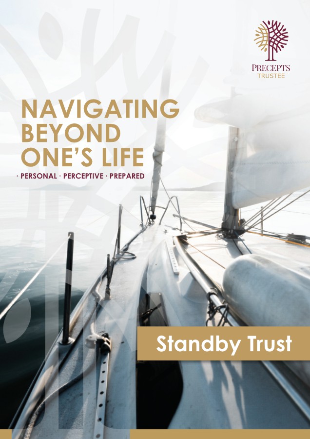 A sailboat on calm water with text: "NAVIGATING BEYOND ONE'S LIFE: PERSONAL • PERCEPTIVE • PREPARED". Top right logo: "PRECEPTS TRUSTEE". Bottom right text: "Standby Trust".
