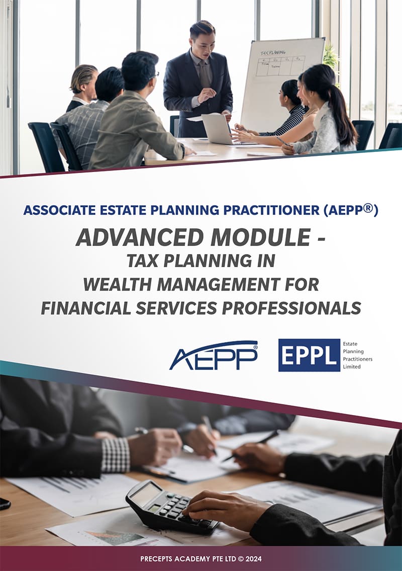 A group of people in a meeting room with a presentation screen. Text reads, "Advanced Module - Tax Planning in Wealth Management for Financial Services Professionals.
