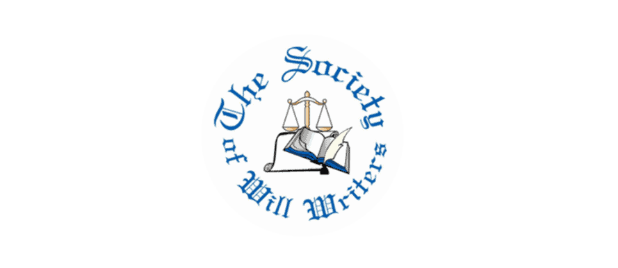 Logo of The Society of Will Writers with an open book and a pair of scales in the center, symbolizing their expertise. Blue text encircles the image, highlighting their proficiency, including estate planning courses Singapore.