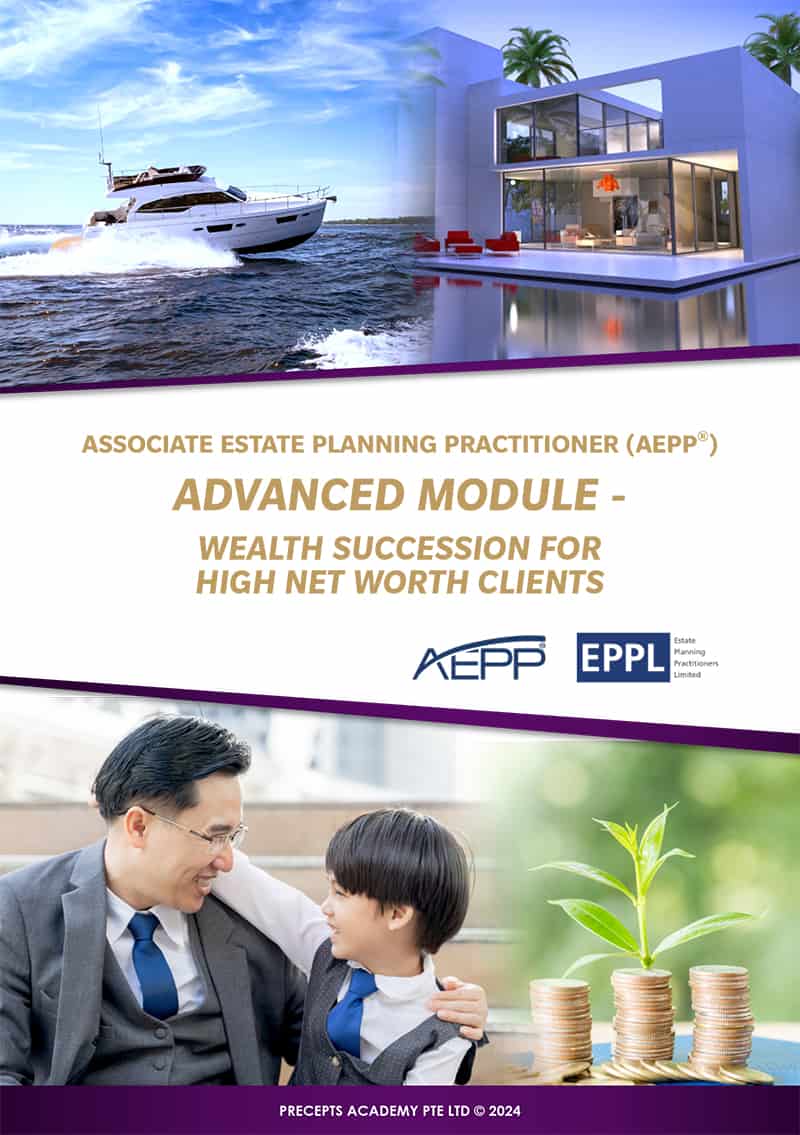 Promotional poster: "Associate Estate Planning Practitioner (AEPP®) Advanced Module - Wealth Succession for High Net Worth Clients" with images of luxury yacht, modern house, and man with child.