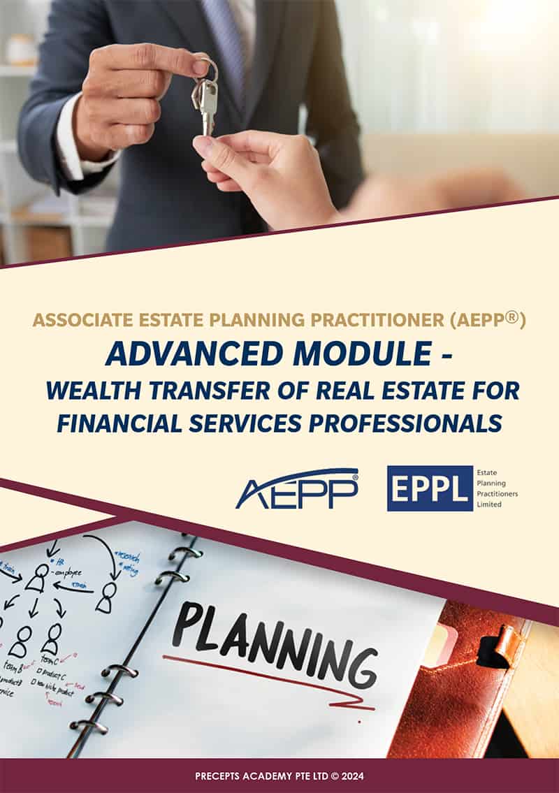 A person hands over keys above a booklet titled "Planning." Text reads "Advanced Module - Wealth Transfer of Real Estate for Financial Services Professionals" by AEPP and EPPL.