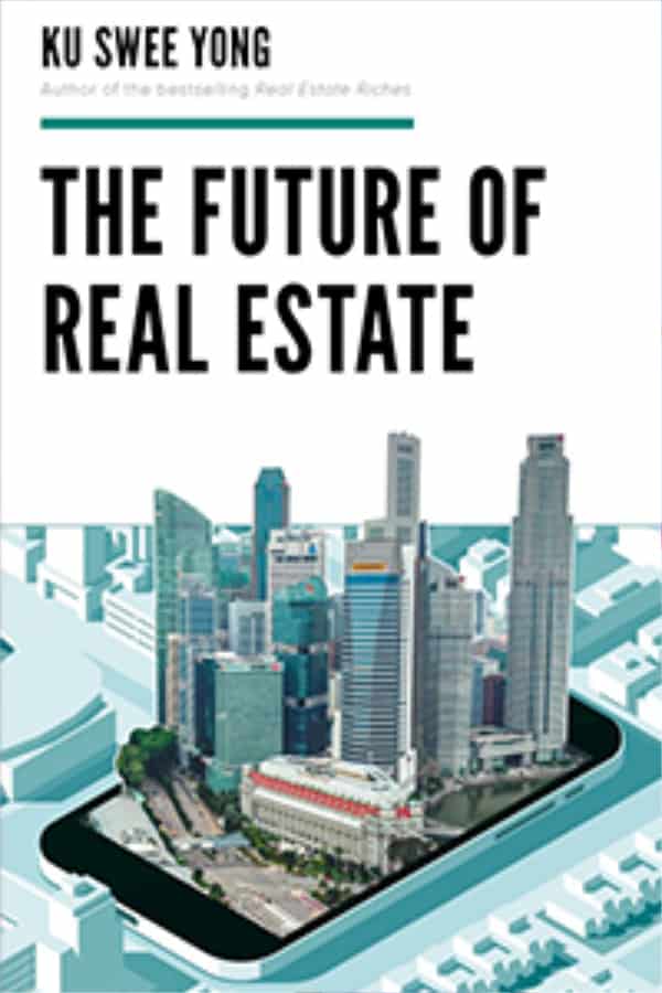 Book cover titled "The Future of Real Estate" by Ku Swee Yong, with an illustration of a cityscape with skyscrapers emerging from a smartphone, intertwining modern architecture and wealth management themes.