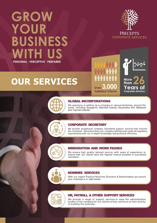 Promotional flyer for Precepts Corporate Services detailing their offerings, including global incorporations, corporate secretary services, immigration and work passes, nominee services, and comprehensive HR, payroll & other support. Our brochures provide an in-depth look at all these essential solutions.