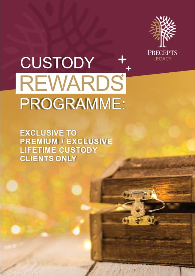 A promotional image for Precepts Legacy's Custody Rewards Programme, featuring a wooden treasure chest and text emphasizing exclusive rewards for premium or lifetime custody clients. Brochures detailing the program's benefits are also available to interested parties.