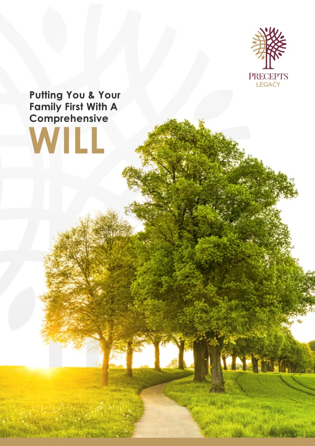 A serene rural path lined with trees, accompanied by text: "Putting You & Your Family First With A Comprehensive WILL," and the Precepts Legacy logo in the top right corner. Informative brochures are available to guide you every step of the way.