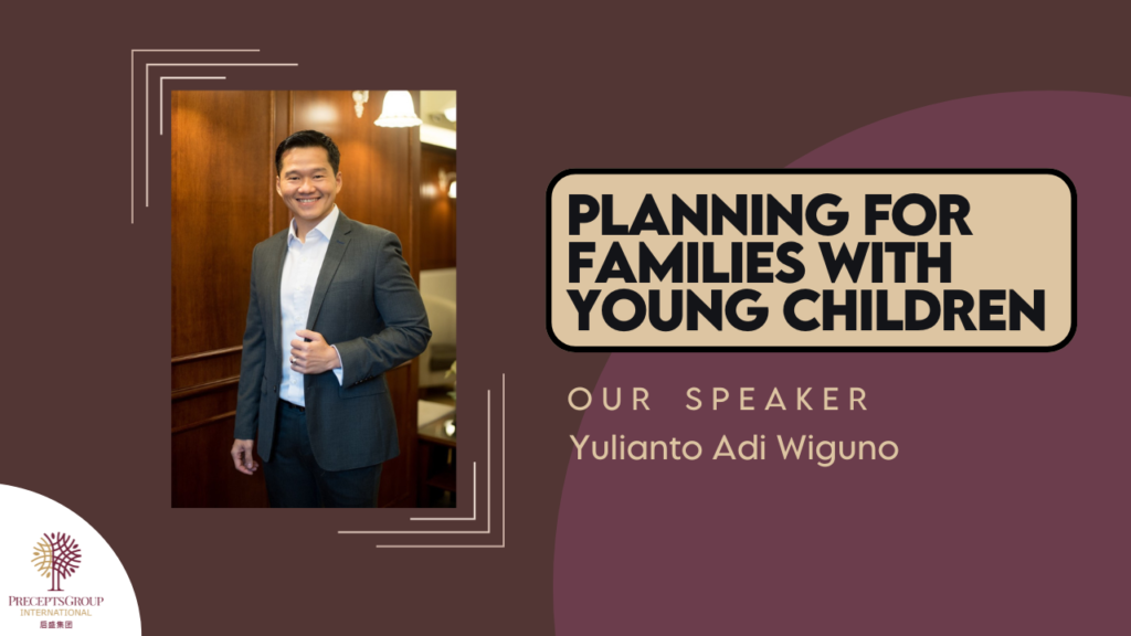 An image of a speaker, Yulianto Adi Wiguno, standing in a formal setting at an ESP Events seminar. The text reads, "Planning for Families with Young Children - Our Speaker Yulianto Adi Wiguno.