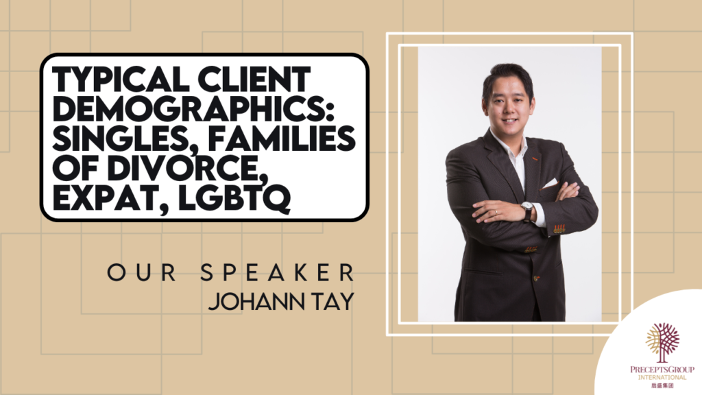 Man in a suit standing with arms crossed next to text detailing typical client demographics including singles, families of divorce, expats, and LGBTQ. The text also introduces the speaker Johann Tay and highlights upcoming ESP events.