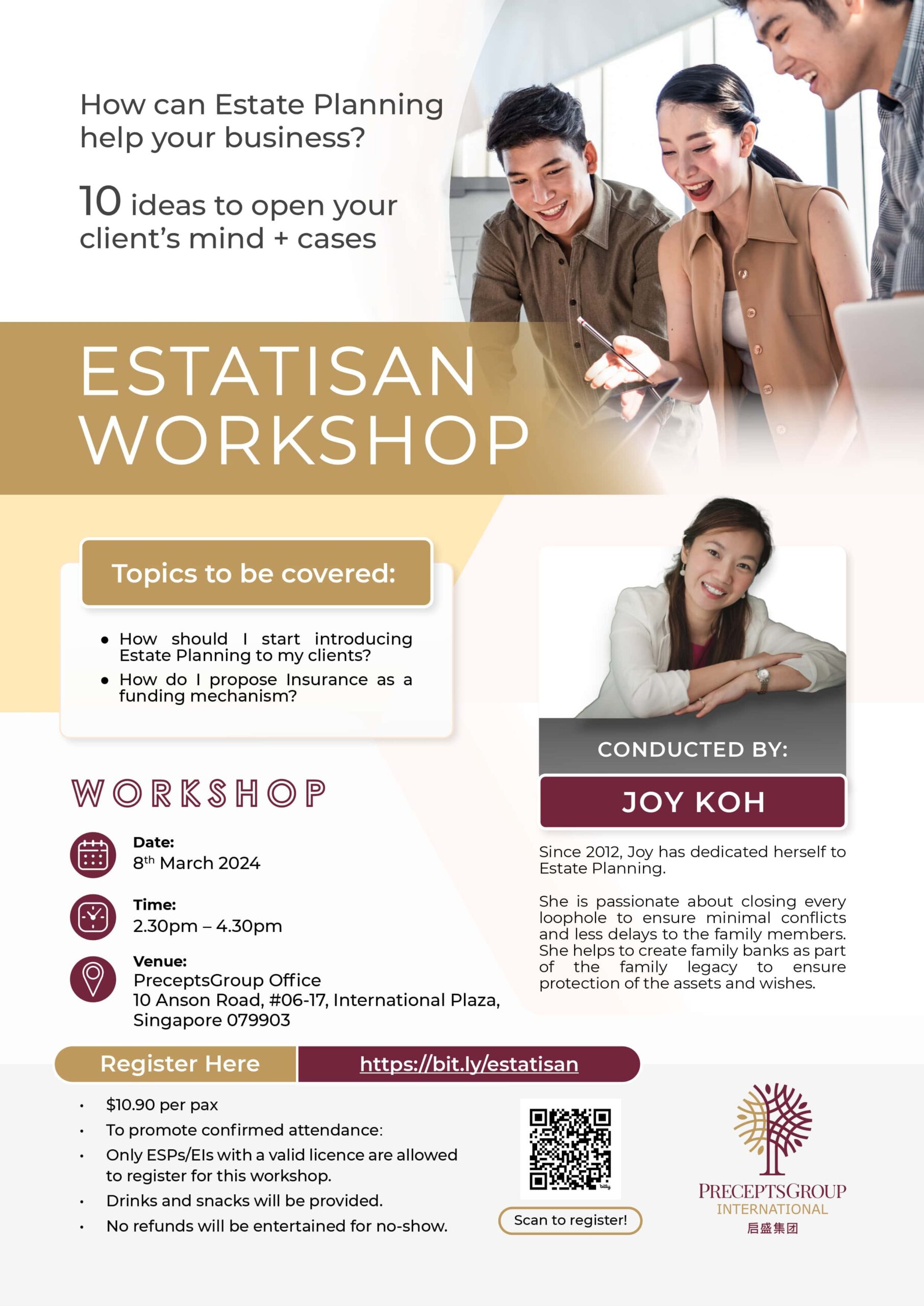 Join our interactive estate planning *seminar*. The workshop covers essential topics and fresh *ideas*, with details about the event, organizer’s info, and a registration link. Don't miss an insightful session with our expert speaker, Joy Koh.