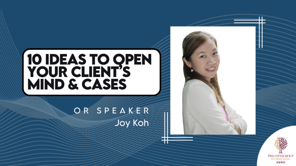 Presentation slide with the title "10 Ideas to Open Your Client’s Mind & Cases," featuring a photo of past speaker Joy Koh. The backdrop has a blue wave pattern, subtly reminiscent of ESP Events.