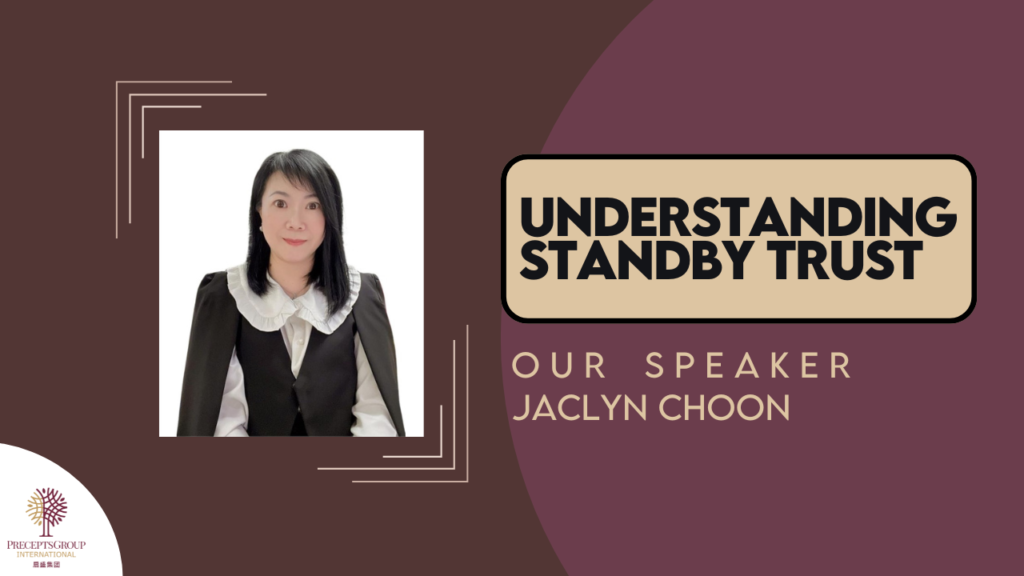 A person named Jaclyn Choon is featured as a speaker in an event titled "Understanding Standby Trust." The image includes a formal photograph of Jaclyn Choon and event branding.