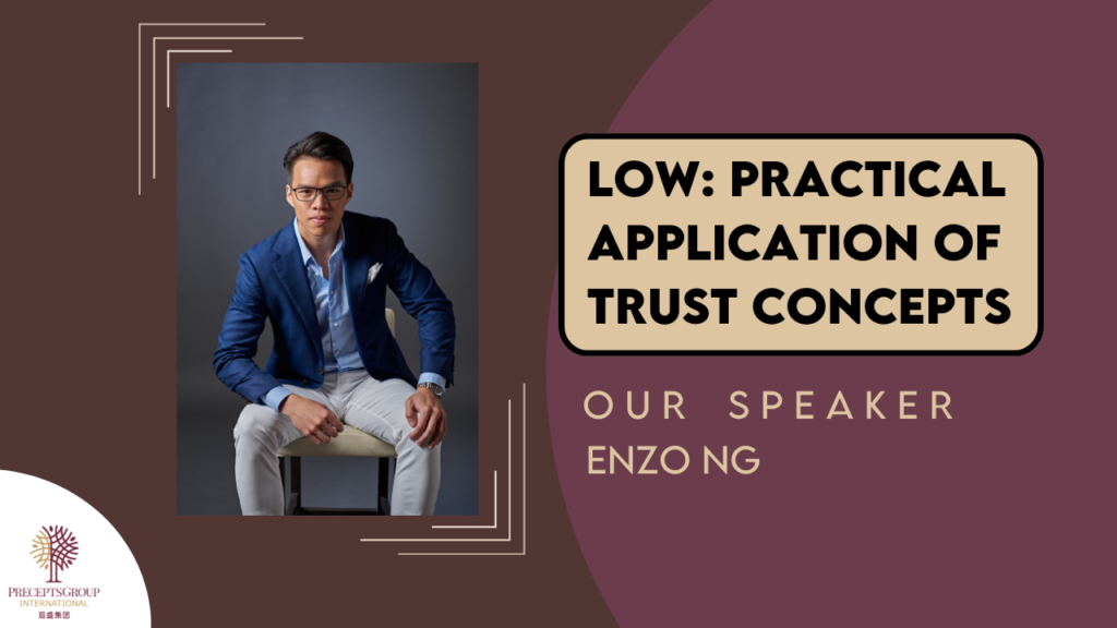 Image of the speaker, Enzo Ng sitting on a chair, next to a text box: "Low: Practical Application of Trust Concepts. Our speaker: Enzo Ng".