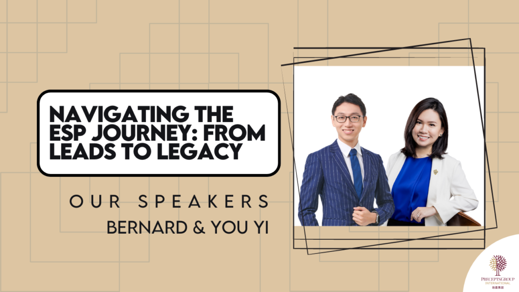 Upcoming event banner featuring two speakers, Bernard and You Yi, with the title "Navigating the ESP Journey: From Leads to Legacy." Logos and event branding elements are displayed. A great template for future ESP-events.